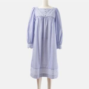 Vintage 80s Blue and White Cotton Striped Puff Sleeve Midi Tent Dress S M
